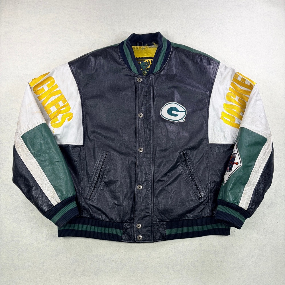 Vintage G-III Carl Banks Green Bay Packers Leather Varsity Jacket XL NFL Black